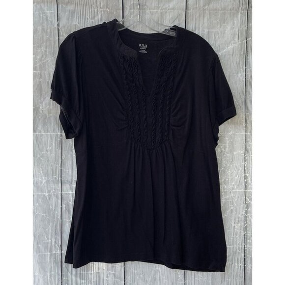 a.n.a. Woman 1X Short Sleeve Black Embellished Collared V-Neck Top - Picture 1 of 6